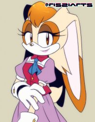 animal animal_ears animal_nose blonde_hair breasts brown_hair buttons collared_shirt dress eyelashes female female_focus furry furry_female gloves happy light_background long_ears looking_at_viewer mature_female medium_breasts multicolored_fur orange_eyes orange_fur orange_hair pink_dress rabbit rabbit_ears rabbit_girl red_shirt sega shirt short_hair short_sleeves sleeveless sleeveless_shirt smile solo sonic_(series) sonic_x standing vanilla_the_rabbit white_fur white_gloves yellow_fur