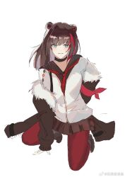 Rule 34 | 1girl, animal ears, aqua eyes, arknights, arm behind back, bellisword, black choker, black sailor collar, blush, brown hair, brown jacket, brown skirt, cardigan, choker, earphones, full body, highres, jacket, kneeling, light smile, looking at viewer, medium hair, miniskirt, multicolored hair, neckerchief, off shoulder, pantyhose, red hair, red neckerchief, red pantyhose, sailor collar, simple background, sketch, skirt, sleeves past wrists, solo, streaked hair, white background, white cardigan, zima (arknights)
