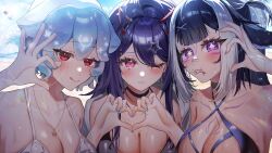 3girls :q absurdres akuma_nihmune bao_(vtuber) beach belt_collar bikini black_bikini black_hair blue_hair blush body_markings breasts cleavage collar collarbone criss-cross_halter facial_mark fake_horns fushi_yohaku grey_nails hair_ornament halterneck heart heart_facial_mark heart_hands highres horns indie_virtual_youtuber jewelry long_hair mole mole_under_eye mouth_hold multicolored_hair multiple_girls necklace one_eye_closed pink_eyes purple_hair red_eyes short_hair shrimp shylily shylily_(bikini) sparkling_eyes star_(symbol) star_hair_ornament star_necklace streaked_hair swimsuit tongue tongue_out upper_body virtual_youtuber waves wet white_bikini white_hair