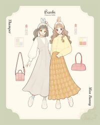 2girls animal_ears animification bambi_(movie) dress fake_animal_ears full_body genderswap grey_hair hairband highres long_hair long_sleeves looking_at_viewer meecosme miss_bunny multiple_girls open_mouth shirt short_hair smile thumper_(bambi) twintails wavy_hair