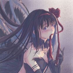 1girl akemi_homura akuma_homura black_dress black_hair dress gensou_getsumen_rt highres long_hair mahou_shoujo_madoka_magica mahou_shoujo_madoka_magica:_hangyaku_no_monogatari purple_background purple_eyes solo strapless strapless_dress