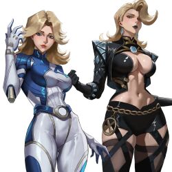 2girls akinoshi_art alternate_costume black_lips black_panties black_thighhighs blonde_hair blue_bodysuit blue_eyes bodysuit breasts bridal_gauntlets diamond_earrings earrings emma_frost emma_frost_(x-revolution) eyeshadow fantastic_four fishnet_bridal_gauntlets gloves highres jewelry large_breasts leotard lipstick long_hair makeup marvel marvel_rivals multiple_girls official_alternate_costume panties red_lips simple_background sue_storm superhero_costume thighhighs two-tone_bodysuit underwear upper_body white_background white_bodysuit x-men