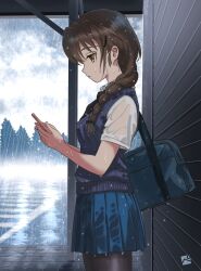 1girl adapted_costume against_wall bag black_necktie black_pantyhose blue_bag blue_skirt blue_sweater_vest braid breasts brown_eyes brown_hair cellphone cloud cloudy_sky collared_shirt girls_und_panzer hair_ornament hairpin highres holding holding_phone kainushi long_braid long_hair looking_at_phone miniskirt necktie pantyhose phone pleated_skirt rain rukuriri_(girls_und_panzer) satchel school_uniform see-through_clothes see-through_sleeves shirt short_sleeves sidewalk single_braid skirt sky smartphone st._gloriana&#039;s_school_uniform summer_uniform sweater_vest tree water_drop wet wet_clothes wet_shirt wet_skirt wet_sweater wet_vest white_shirt