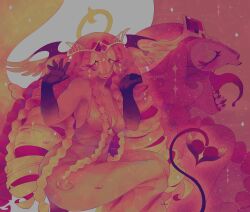 1girl angel angel_wings black_skin colored_skin cookie_run cookie_run:_kingdom demon_girl demon_wings dress eternal_sugar_cookie gradient_skin highres long_hair lovelyshiz open_mouth pink_hair pink_skin sharp_teeth solo teeth very_long_hair wings