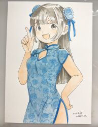 1girl :d absurdres artist_name blue_dress blue_ribbon blush breasts brown_eyes brown_hair bun_cover china_dress chinese_clothes cleavage cowboy_shot dated double_bun drawing_(object) dress floral_print hair_bun hair_ornament hair_ribbon highres large_breasts long_hair looking_at_viewer mandarin_collar marker_(medium) nagomurasan open_mouth original photo_(medium) pointing pointing_up ribbon short_sleeves side_slit sidelocks signature simple_background smile solo traditional_media white_background