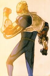 Rule 34 | 1boy, bengus, blonde hair, blue bodysuit, bodysuit, capcom, captain commando, captain commando (character), clenched hand, cyborg, from behind, game cg, hair slicked back, highres, looking to the side, male focus, marvel vs. capcom, marvel vs. capcom 2, mechanical arms, non-web source, official art, scan, simple background, solo, standing