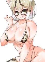 1girl akaisuto alternate_costume animal_ears animal_print armpit_crease blonde_hair blush body_blush breasts cleavage cleft_of_venus closed_mouth collarbone covered_erect_nipples curvy extra_ears eyelashes fang female_focus glasses green_eyes kemono_friends large_breasts looking_at_viewer margay_(kemono_friends) margay_ears midriff no_tail short_hair simple_background sitting smile solo swimsuit thighhighs thighs underboob upper_body white_background