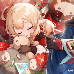 2girls absurdres alice_(genshin_impact) black_gloves box brown_gloves brown_hair closed_eyes dodoco_(genshin_impact) envelope facing_viewer genshin_impact gift gift_box gloves highres klee_(genshin_impact) long_hair long_sleeves low_twintails mother_and_daughter multiple_girls official_art parted_lips pointy_ears sleeping solo_focus twintails very_long_hair