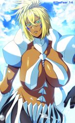 1girl absurdres artist_name bleach blonde_hair breasts cloud collarbone colored_eyelashes espada female_focus green_eyes highres holding holding_weapon large_breasts lips medium_hair shiny_skin skirt sky thefear_14 tier_harribel weapon