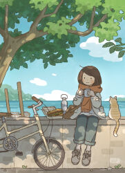 1girl absurdres bag bicycle blue_sky brown_bag brown_hair cat cloud commentary cup dappled_sunlight day food grey_jacket grey_shoes highres holding holding_cup jacket lake marunoki medium_hair mug original outdoors pants red_scarf sandwich scarf shoes shoulder_bag sitting sky smile solid_circle_eyes sunlight symbol-only_commentary tree