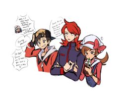 2boys 2girls bow bracelet bubble_tea constarlations dawn_(pokemon) ethan_(pokemon) highres jewelry lyra_(pokemon) multiple_boys multiple_girls nintendo pokemon red_bow silver_(pokemon) speech_bubble
