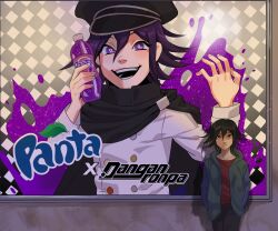 1boy ad against_wall black_hair black_hat blush bottle buttons checkered_background collarbone commentary copyright_name danganronpa_(series) danganronpa_v3:_killing_harmony drink english_commentary expressionless fanta flipped_hair hair_between_eyes hands_in_pockets hands_up hat highres holding holding_bottle holding_drink hood hoodie long_sleeves looking_at_viewer male_focus oma_kokichi open_clothes open_hoodie open_mouth poster_(object) promo_poster purple_eyes purple_hair red_shirt septimo_dante serious shadow shirt short_hair signature smile splatter_background teeth upper_body