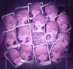 1girl :| absurdres closed_mouth commentary english_commentary goslingposting_(meme) half-closed_eyes highres lapwing_(vrchat) laughing long_hair looking_at_viewer looking_to_the_side meme multiple_expressions one_eye_closed open_mouth photo_(object) pout purple_eyes purple_hair smile sweatdrop teeth turtleneck upturned_eyes vrchat youyu_ren