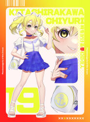 Rule 34 | 1girl, absurdres, adapted costume, anchor print, bag, bare legs, blonde hair, blue choker, blue skirt, character name, choker, close-up, frilled skirt, frills, full body, grin, guumin, hair ribbon, happy, highres, kitashirakawa chiyuri, looking at viewer, miniskirt, multiple views, phantasmagoria of dim.dream, plaid clothes, plaid skirt, puffy short sleeves, puffy sleeves, ribbon, sandals, shirt, short sleeves, shoulder bag, skirt, smile, standing, thick eyebrows, toes, touhou, touhou (pc-98), two side up, white bag, white footwear, white ribbon, white shirt, yellow eyes