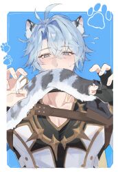 1boy absurdres antenna_hair armor black_choker black_gloves black_shirt blue_cape blue_eyes blush cape choker claw_pose coat commentary_request fingerless_gloves gloves highres honkai:_star_rail honkai_(series) hulyeon83994 korean_commentary male_focus parted_bangs pauldrons phainon_(honkai:_star_rail) shirt short_hair shoulder_armor single_glove single_pauldron snow_leopard_boy snow_leopard_ears snow_leopard_tail solo sweatdrop white_coat white_hair