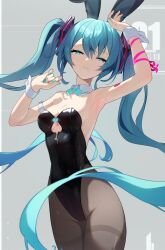 1girl absurdly_long_hair arm_ribbon armpits black_leotard blue_bow blue_bowtie blue_eyes blue_hair blue_nails bow bowtie breasts cleavage closed_mouth cowboy_shot detached_collar floating_hair grey_background grey_pantyhose hair_ornament half-closed_eyes hatsune_miku highres leotard long_hair looking_at_viewer medium_breasts nail_polish pantyhose playboy_bunny red_ribbon ribbon solo standing strapless strapless_leotard thighband_pantyhose tokonagi_yori twintails very_long_hair vocaloid wing_collar