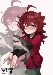 1girl absurdres bad_source denim denim_shorts embarrassed heart heart-shaped_pupils highres hood hooded_jacket hug hugging_doll hugging_object jacket looking_at_viewer open_mouth original pink_eyes red_hair red_jacket shorts shy simple_background solo symbol-shaped_pupils