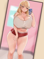1girl absurdres bidulite blonde_hair blush breasts brown_eyes cowboy_shot curvy goddess_of_victory:_nikke highres holding holding_phone huge_breasts indoors long_hair mirror mirror_selfie mole mole_under_eye nail_polish navel official_alternate_costume phone pink_nails red_shorts selfie shirt shorts solo thick_thighs thighs tia_(nikke) tia_(sweet_chef)_(nikke) white_shirt