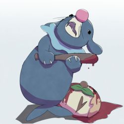 baseball_bat bird blood boke-chan creatures_(company) creepy full_body game_freak gen_7_pokemon holding holding_weapon injury lying nintendo no_humans pokemon pokemon_(creature) popplio rowlet sharp_teeth simple_background tail teeth violence weapon what