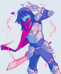 1other absurdres androgynous armor blue_background blue_hair blue_skin breastplate cape colored_skin covered_eyes deltarune facing_viewer faulds feet_out_of_frame gauntlets healthchant heart highres kris_(dark_world)_(deltarune) kris_(deltarune) open_mouth other_focus pink_cape shaded_face short_hair solo standing v