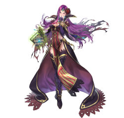 1girl absurdres alternate_costume ankle_boots book boots breasts cape capelet cleavage closed_mouth commentary_request dress fingernails fire_emblem fire_emblem_echoes:_shadows_of_valentia fire_emblem_heroes full_body gloves glowing gold_trim hair_ornament hand_up head_tilt highres holding jewelry lips long_hair looking_at_viewer makeup medium_breasts nintendo official_alternate_costume official_art pelvic_curtain purple_eyes purple_hair seductive_smile shiny_clothes simple_background smile solo sonya_(fire_emblem_gaiden) standing suzuki_rika thighhighs tiara torn_cape torn_clothes white_background