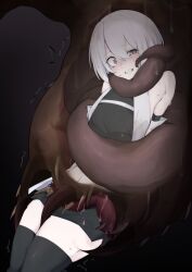 1girl absurdres arms_behind_back bare_shoulders black_background black_skirt black_thighhighs clenched_teeth coiled commission detached_sleeves elbow_gloves gloves grey_eyes highres mixed-language_commentary monster original rxq scared skirt tearing_up teeth tentacles thighhighs thighs uneven_eyes vore wet white_hair worm x-ray zettai_ryouiki