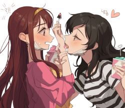 Rule 34 | !?, 2girls, blush, brown hair, commentary request, eye contact, face-to-face, food, from side, hairband, hano9789, heart, highres, holding, holding food, holding ice cream, holding ice cream scoop (utensil), ice cream, ice cream scoop (utensil), idolmaster, idolmaster million live!, jacket, kitazawa shiho, licking, long hair, looking at another, mask, mouth mask, multiple girls, open mouth, pink jacket, red hair, shirt, short sleeves, simple background, striped clothes, striped shirt, surgical mask, sweatdrop, tanaka kotoha, tongue, upper body, white background, yellow hairband, yuri