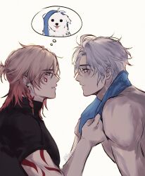 Rule 34 | 2boys, avyarenne, black shirt, blonde hair, body markings, braid, closed mouth, commentary, dog, facial mark, from side, gradient hair, highres, honkai: star rail, honkai (series), image in thought bubble, male focus, multicolored hair, multiple boys, mydei (honkai: star rail), parted bangs, phainon (honkai: star rail), profile, red hair, shirt, short sleeves, side braid, speech bubble, thought bubble, tongue, tongue out, topless male, towel, towel around neck, towel on head, twitter username, upper body, wet, wet hair, white background, white hair