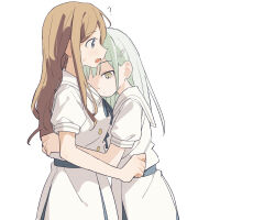 2girls :/ :o ? bang_dream! bang_dream!_it&#039;s_mygo!!!!! blue_eyes blue_ribbon blush brown_hair buttons clenched_hand closed_mouth coldcat. commentary cowboy_shot dot_nose dress face-to-face from_side green_hair hair_ornament hairclip head_on_another&#039;s_chest highres hug leaning_on_person long_hair long_sidelocks looking_ahead looking_at_another multiple_girls nagasaki_soyo neck_ribbon one_eye_covered parted_bangs pleated_dress profile puffy_short_sleeves puffy_sleeves ribbon sailor_dress school_uniform short_sleeves sidelocks sideways_mouth simple_background summer_uniform sweatdrop tsukinomori_school_uniform wakaba_mutsumi white_background white_dress yellow_eyes yuri