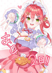 1girl 35p_(sakura_miko) absurdres ahoge bag blush breasts cleavage clenched_hand countdown detached_collar detached_sleeves double_v frilled_kimono frilled_sleeves frills gang_h green_eyes gyaru_v hair_ornament hair_rings hairband hairclip handbag highres hololive japanese_clothes kimono large_breasts light_blush lolita_fashion lolita_hairband looking_at_viewer low_twintails name_tag official_alternate_costume open_mouth outstretched_arms petticoat pink_hair reaching reaching_towards_viewer sakura_miko sakura_miko_(new_year) sleeveless sleeveless_kimono solo twintails v virtual_youtuber wa_lolita