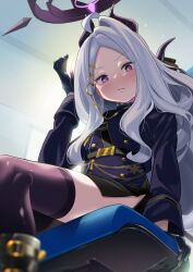 Rule 34 | 1girl, absurdres, ahoge, black gloves, black halo, black thighhighs, blue archive, blush, breasts, demon girl, demon horns, demon wings, gloves, halo, highres, hina (blue archive), horns, indoors, long hair, looking at viewer, purple eyes, sitting, small breasts, solo, suppa (hagakuresuppa), thighhighs, thighs, very long hair, white hair, wings