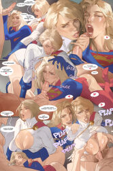 1boy 2girls absurdres blonde_hair blue_gloves boots breasts cape cleavage cleavage_cutout clothing_cutout dc_comics erection fellatio gloves grabbing_another&#039;s_head high_heel_boots high_heels highres huge_breasts leotard long_hair long_sleeves looking_at_viewer medium_breasts multiple_girls nipples oral paizuri penis power_girl red_boots red_cape red_lips red_skirt saigalisk short_hair skirt supergirl superhero_costume superman_logo thick_thighs thigh_boots thighhighs thighs white_leotard wide_hips