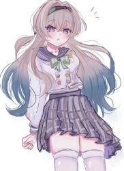 :o black_hairband blush bow bowtie collared_shirt firefly_(honkai:_star_rail) firefly_(spring_missive)_(honkai:_star_rail) gradient_eyes gradient_hair green_pupils grey_hair grey_sailor_collar grey_skirt hair_between_eyes hair_intakes hair_tubes hairband highres honkai:_star_rail honkai_(series) long_hair multicolored_eyes multicolored_hair notice_lines omochi_7btn plaid_bow plaid_bowtie plaid_clothes pleated_skirt sailor_collar shirt simple_background skirt thighhighs white_background white_shirt white_thighhighs