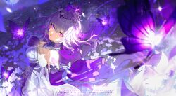 1girl black_tiara breasts bug butterfly castorice_(honkai:_star_rail) commentary_request dress elbow_gloves field flower flower_field gloves hair_flower hair_ornament highres honkai:_star_rail honkai_(series) insect long_hair looking_at_viewer medium_breasts night night_sky outdoors pointy_ears purple_butterfly purple_eyes purple_gloves purple_hair sky solo tiara tomanattsu white_dress