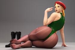 1girl 3d ass beret blonde_hair blue_eyes boots braid cammy_white feet hat highres leotard long_hair looking_back open_mouth pantyhose shoes unworn_shoes soles street_fighter toes
