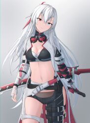 1girl alpha_(pgr) asymmetrical_clothes asymmetrical_gloves asymmetrical_legwear blue_eyes breasts broken_goggles cesvelox cleavage dagger fingerless_gloves gloves goggles grey_background hair_between_eyes heterochromia highres holding holding_dagger holding_knife holding_weapon knife long_hair looking_at_viewer lucia:_crimson_weave_(pgr) medium_breasts midriff navel punishing:_gray_raven red_eyes red_goggles scar scar_on_stomach simple_background single_pantsleg solo sports_bra sword thigh_strap very_long_hair weapon white_gloves white_hair zipper