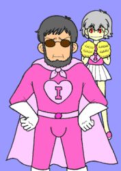 4boys animated animated_gif arms_up batman_(series) blush bulge cape crossdressing crotch_grab dc_comics fabulous genderswap genderswap_(mtf) glasses gleam hand_up heart ikari_gendou japanese_text leg_up lowres male_focus multiple_boys nagisa_kaworu neon_genesis_evangelion parody pom_pom_(cheerleading) punching skirt superhero_costume v what
