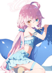 1girl ahoge bare_shoulders bikini blue_archive blue_bikini blue_eyes blue_scrunchie brown_eyes brown_sandals commentary_request food food_in_mouth frilled_bikini frills hair_between_eyes hair_ornament hair_scrunchie halo heterochromia highres hoshino_(blue_archive) hoshino_(swimsuit)_(blue_archive) ice_cream inflatable_toy inflatable_whale kani_biimu long_hair looking_at_viewer looking_to_the_side mouth_hold pink_hair sandals scrunchie shoe_soles simple_background solo strap_slip swimsuit very_long_hair white_background