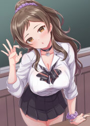 1girl black_bow black_bowtie black_choker black_nails black_skirt blush bow bowtie bracelet breasts brown_eyes brown_hair chalkboard chestnut_mouth choker cleavage commentary_request concept_gyarus_(idolmaster) covered_erect_nipples dan_(orange_train) eyelashes hand_up head_tilt heart heart_choker idolmaster idolmaster_million_live! idolmaster_million_live!_theater_days indoors jewelry kitazawa_shiho large_breasts long_hair long_sleeves looking_at_viewer miniskirt nail_polish official_alternate_costume open_collar pleated_skirt ponytail purple_scrunchie ring school_uniform scrunchie shirt sidelocks skirt solo thighs white_shirt wrist_scrunchie