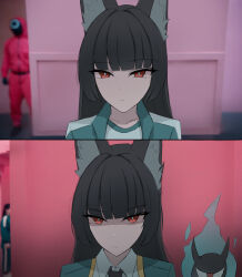 1boy 1other 2girls animal_ear_fluff animal_ears black_hair black_necktie frown highres hoshimi_miyabi looking_at_viewer meme multiple_girls namikare necktie photo_background red_eyes shirt squid_game squid_game tailless_(zenless_zone_zero) white_shirt worker_(squid_game) year_1_&amp;_year_2_(squid_game)_(meme) zenless_zone_zero