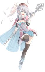 1girl blue_eyes breasts cleavage feathers grey_hair head_wings highres medium_breasts melia_antiqua revvie simple_background solo white_background wing wings xenoblade_chronicles_(series) xenoblade_chronicles_1