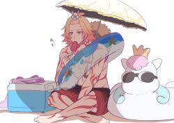 1boy arm_tattoo blonde_hair braid chest_tattoo commentary_request facial_tattoo food gradient_hair hair_between_eyes highres holding holding_food holding_popsicle honkai:_star_rail honkai_(series) little_ica_(honkai:_star_rail) male_focus male_swimwear medium_hair multicolored_hair mydei_(honkai:_star_rail) popsicle red_hair red_tattoo side_braid simple_background sitting solo swim_ring swim_trunks tapirafu tattoo white_background yellow_eyes