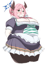 1girl alternate_body_size arms_behind_back belly black_dress black_pantyhose blue_archive blue_eyes blush breasts cleavage dirndl dress fat german_clothes hair_behind_ear hair_between_eyes hair_bun halo highres horns huge_breasts juri_(blue_archive) juri_(part-time)_(blue_archive) looking_at_viewer obese open_mouth pantyhose pink_hair pointy_ears simple_background single_hair_bun solo wawawaltz white_background
