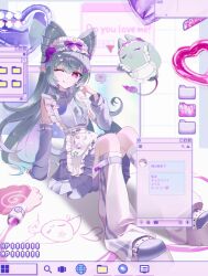 1girl absurdres boots bow character_request chromatic_aberration commentary_request detached_sleeves double-parted_bangs flower frilled_headwear frills genshin_impact gradient_hair hair_between_eyes hair_ornament hairclip hat heart highres jersey_maid key long_hair long_sleeves looking_at_viewer maid masstyang multicolored_hair one_eye_closed pleated_skirt pointy_ears purple_bow purple_eyes sitting skirt sleeves_past_wrists smile solo striped_clothes tongue tongue_out unconventional_maid vertical-striped_clothes very_long_hair windows_logo yumemizuki_mizuki