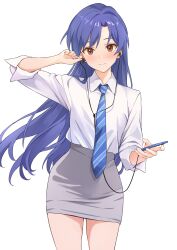 1girl absurdres arm_up b1ack_illust blue_hair blue_necktie blush brown_eyes closed_mouth collared_shirt commentary cowboy_shot diagonal-striped_clothes diagonal-striped_necktie earbuds earphones floating_hair grey_skirt highres holding holding_phone idolmaster idolmaster_(classic) kisaragi_chihaya long_hair long_sleeves looking_at_viewer necktie pencil_skirt phone shirt simple_background skirt smile solo standing striped_clothes white_background white_shirt