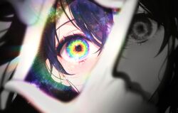 1girl 58_(opal_00_58) blue_hair blurry blurry_foreground close-up commentary english_commentary expressionless eye_focus finger_frame finger_frame_over_eye highres looking_at_viewer looking_through_fingers multicolored_eyes original rainbow_eyes