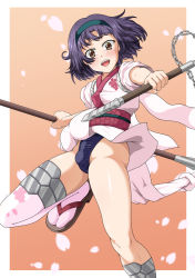 1boy beta_design blush brown_eyes bulge erection erection_under_clothes geta hairband highres holding holding_weapon honjou_kamatari japanese_clothes jumping leotard leotard_under_clothes looking_at_viewer open_mouth purple_hair revealing_clothes rurouni_kenshin smile solo tabi tomora trap weapon