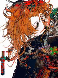 Rule 34 | 1girl, closed eyes, commentary, dated commentary, earrings, eyelashes, highres, jewelry, john kafka, medium hair, mole, mole under eye, open mouth, orange hair, original, simple background, solo, white background