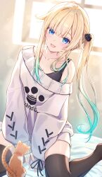 Rule 34 | 1girl, :d, ahoge, aizawa ema, animal, aqua hair, between legs, black bra, black ribbon, black thighhighs, blonde hair, blue eyes, blunt bangs, blush, bra, breasts, cat, cat hair ornament, cleavage, clothes writing, collarbone, commentary request, fingernails, full body, gradient hair, hair ornament, hair over shoulder, hand between legs, highres, indoors, leaning to the side, light particles, light rays, long hair, long sleeves, looking at viewer, multicolored hair, nail polish, off shoulder, on bed, open mouth, orange cat, paw print, pink nails, puffy long sleeves, puffy sleeves, ribbon, side ponytail, sidelocks, single bare shoulder, sitting, skindentation, sleeve ribbon, sleeves past wrists, small breasts, smile, solo, sparkle, sunbeam, sunlight, sweater, thighhighs, toki (toki ship8), two-tone hair, underwear, virtual youtuber, vspo!, white sweater, window, yokozuwari