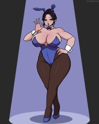 1girl absurdres animal_ear_hairband animal_ears artist_name bare_shoulders black_eyeshadow black_hair black_pantyhose blue_background blue_bow blue_bowtie blue_eyes blue_hairband blue_leotard blue_shoes blush bow bowtie breasts chest_tattoo cleavage collar commentary commission crossed_legs curvy detached_collar drooling english_commentary eyeshadow fake_animal_ears fellatio_gesture freckles full_body hair_bun hairband hand_on_own_hip hand_up high_heels highleg highleg_leotard highres huge_breasts leotard lipstick looking_at_viewer makeup open_mouth original pantyhose playboy_bunny rabbit_ear_hairband rabbit_ears red_lips saliva saltdrawyou shoes short_hair single_hair_bun solo spotlight standing strapless strapless_leotard tattoo thick_thighs thighs tongue tongue_out twitter_username white_collar white_wrist_cuffs wide_hips wrist_cuffs